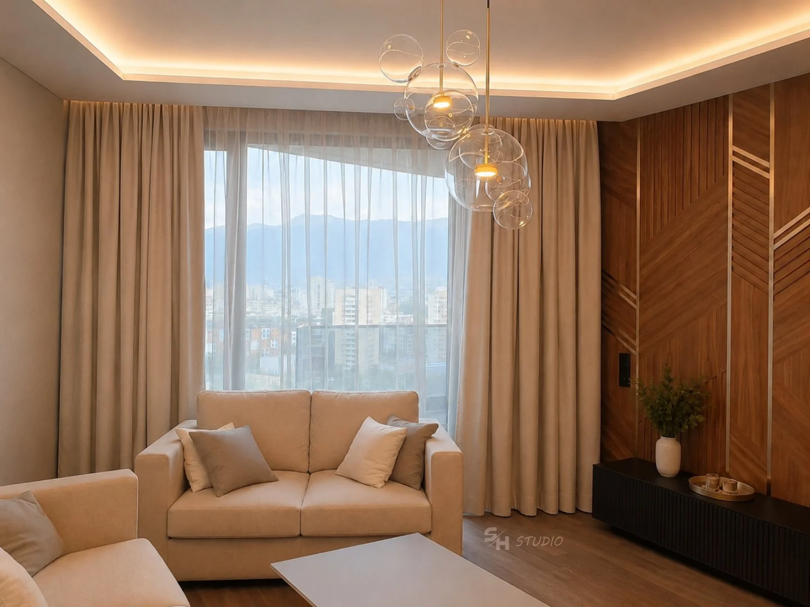 ADVH — living room with custom sofas and walnut TV composition